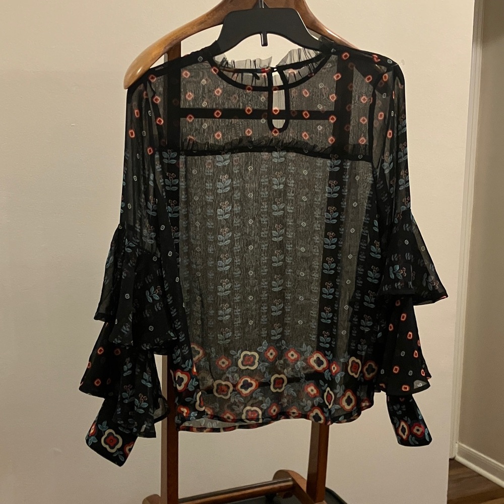 Buffalo David Bitton Black Floral Sheer Blouse - Picture 1 of 2